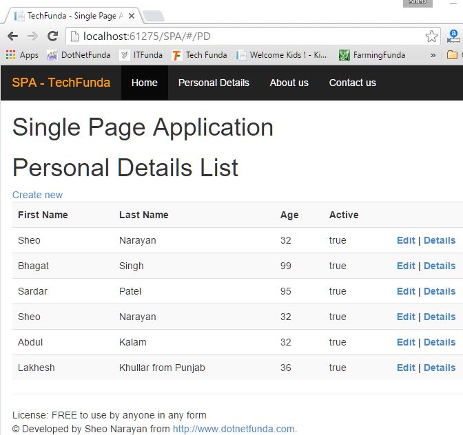 Single Page Application database record list view page