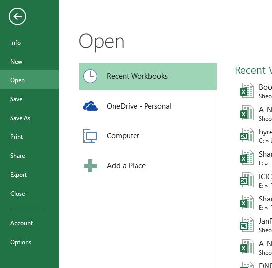 MS Excel opening screen