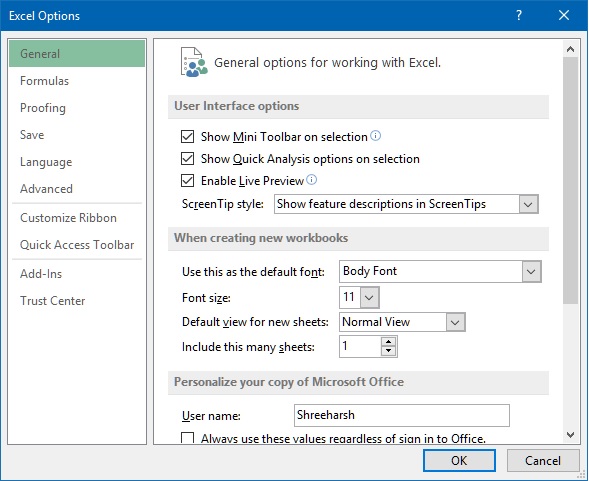 MS Excel options