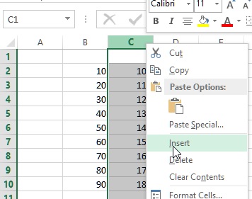 insert column in excel start