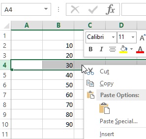 Insert row in excel start