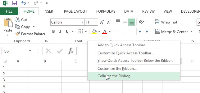 Ribbon minimize in excel