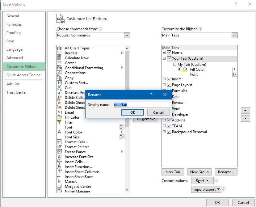 Customize tag dialog box in excel