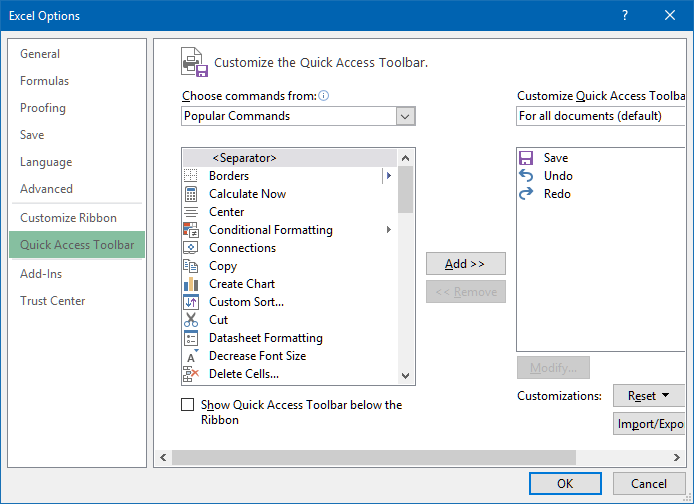 customize quick access bar in excel