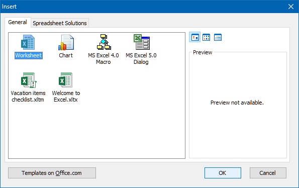 Insert a sheet dialog box in excel