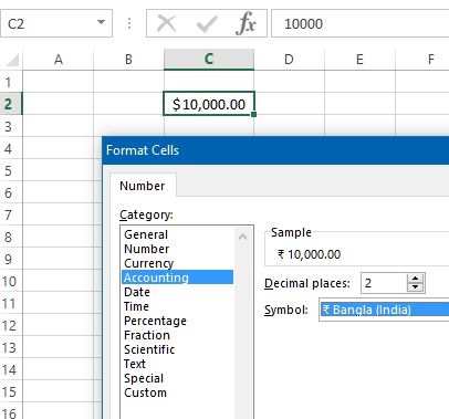 Currency symbol prefix in excel