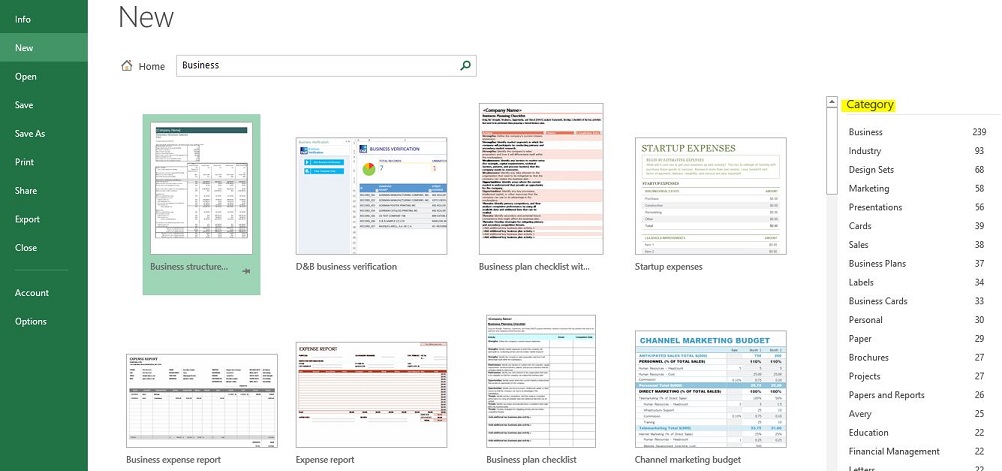 Business template in MS Excel