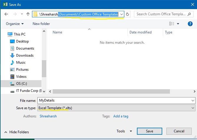 Save as template in excel