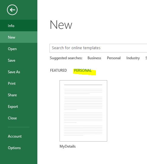 Select custom template in Excel