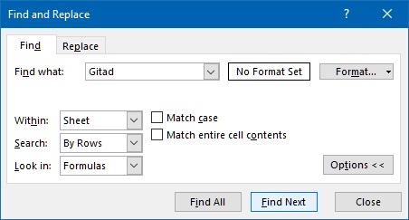 Find options in excel