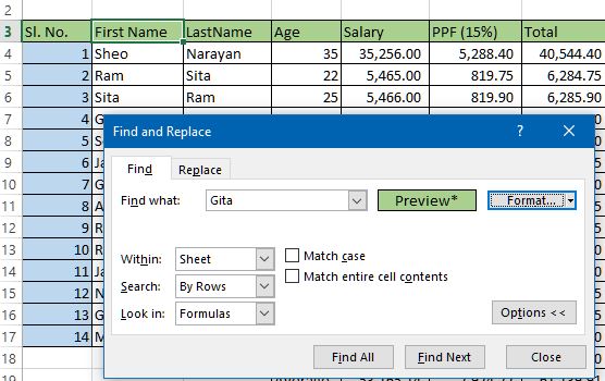 preview of chosen cell in excel