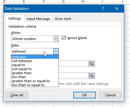 Data validation dialog box between