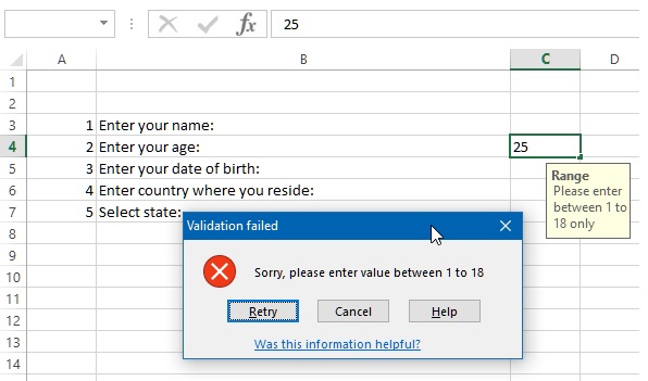Data validation value error in excel