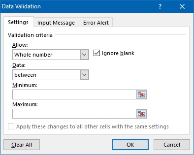 Data validation dialog box in excel