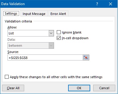 Data validation list in excel