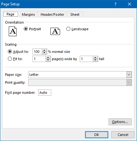 Page setup in excel