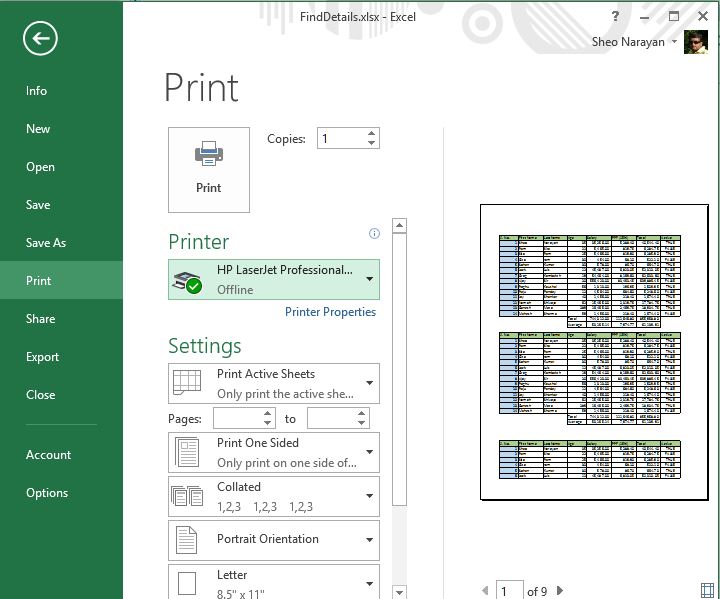 Print dialog box in excel