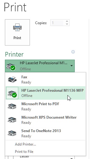 Printer selection in ms excel