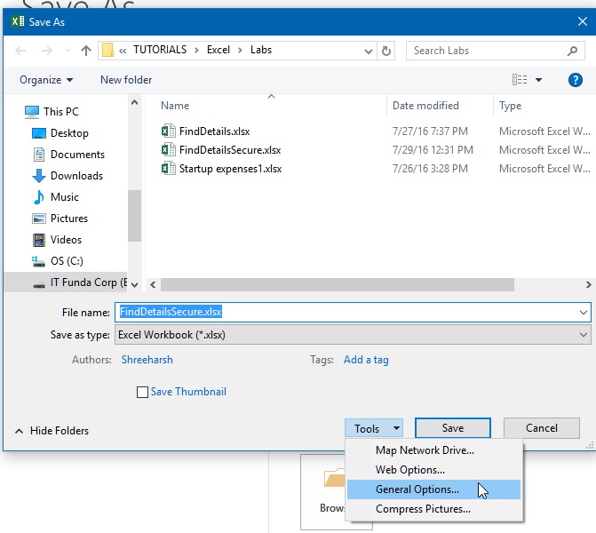 Save as protected dialog box in excel