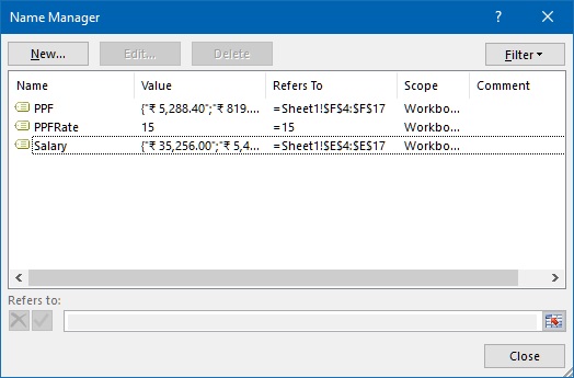 Name manager in excel
