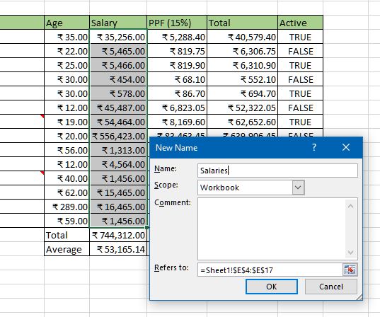 Creating named range in excel