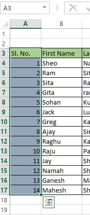 Select entire column from range of data in excel