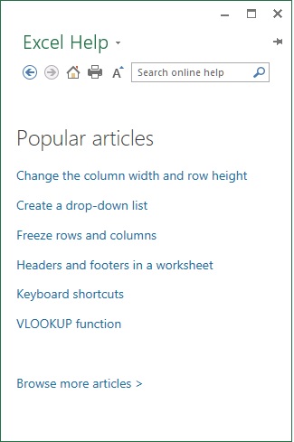 Excel help window