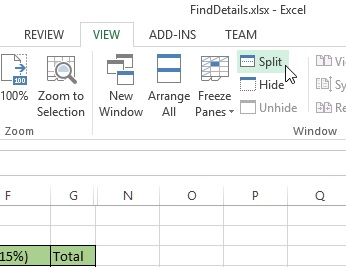 Split command on ribbon in excel
