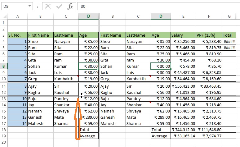 Horizontal resizing of splitted window in excel