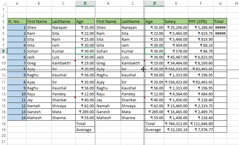 Resizing splitted window in excel