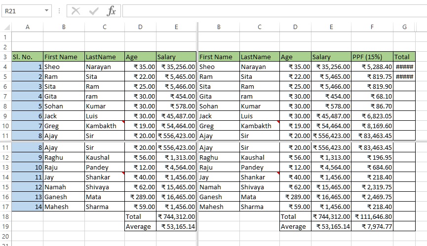 Resized split window in excel