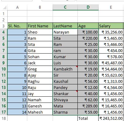 Chart data in excel