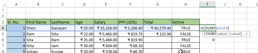 Count columns having numeric data in excel