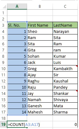 Count rows having numeric data in excel