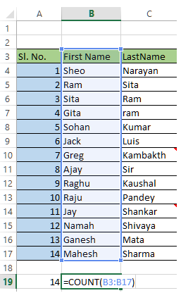 Count rows having string data in excel