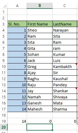 Count rows result in excel