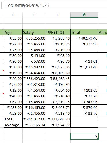 count Non blank cells in excel