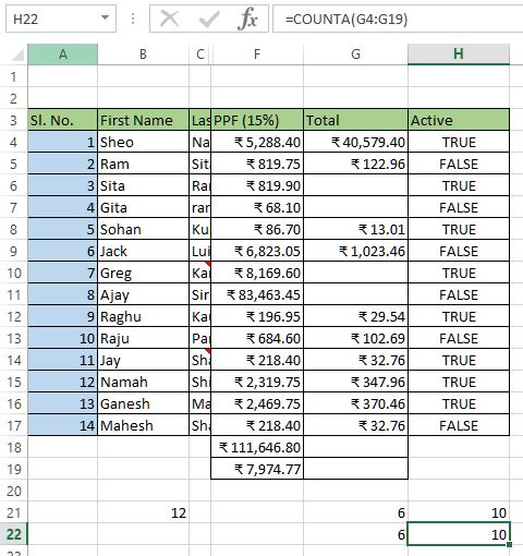 count non blank cells in excel using COUNTA function