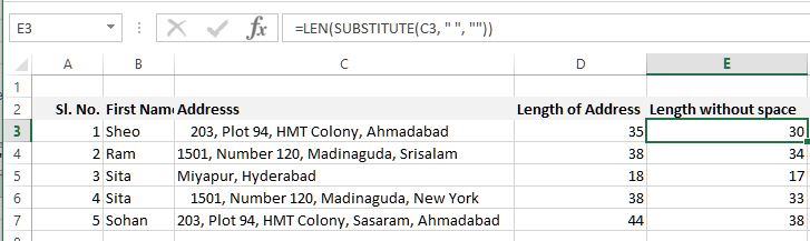 Length without space in Excel