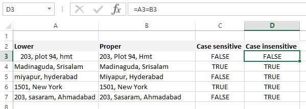 Compare string using equals in Excel