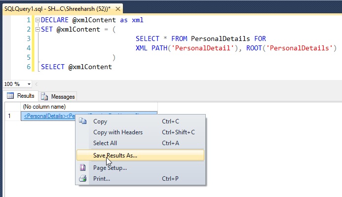 SqlSErver to XML file 
