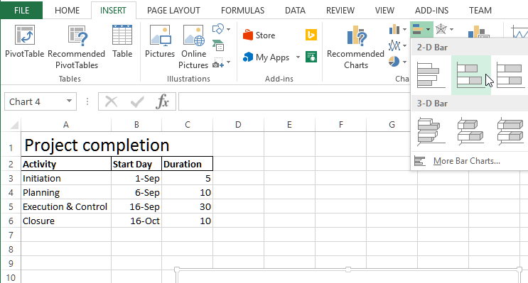 Insert Stacked bar chart in Excel