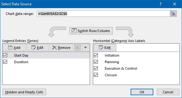 Select data source dialog box in Excel